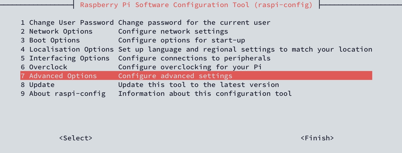 raspi-config - 7 Advanced Options