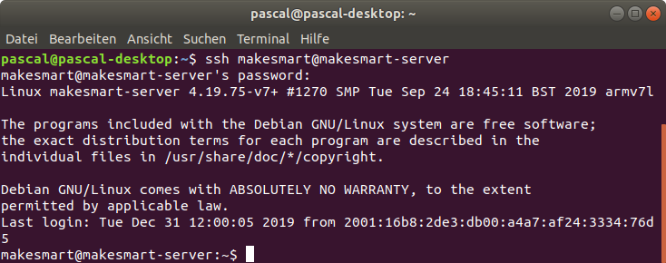 Erfolgreiche SSH-Verbindung unter Linux Ubuntu
