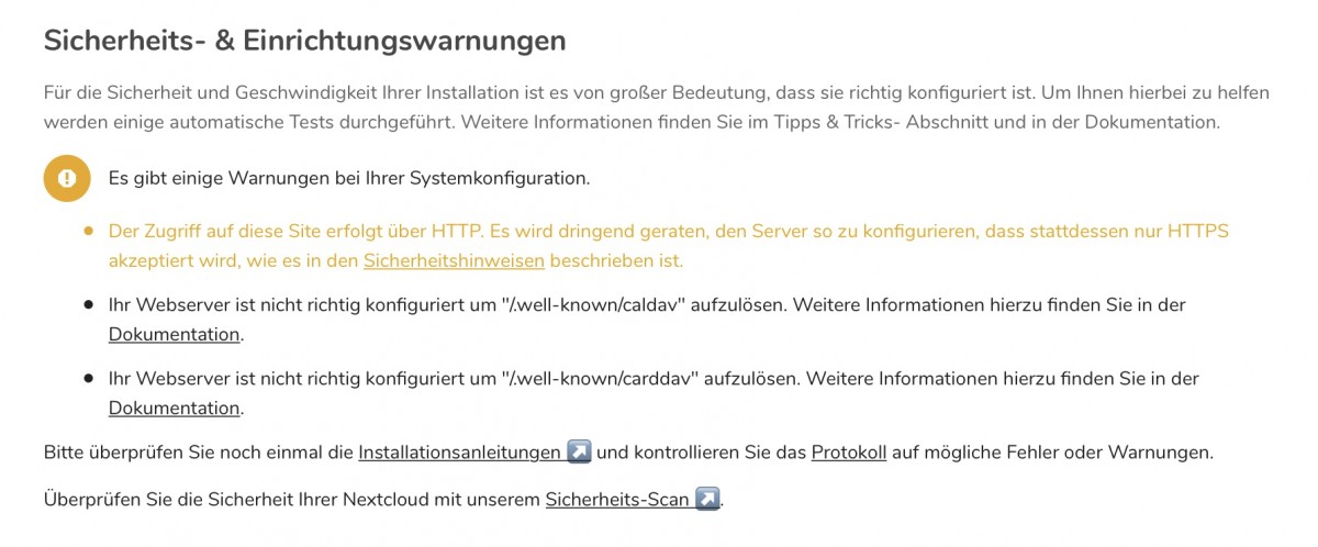 Nextcloud Sicherheitswarnungen