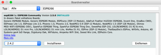 Der Boardverwalter für den ESP8266 in der Arduino IDE.