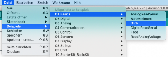 Arduino IDE-Beispiel: Basics -> Blink