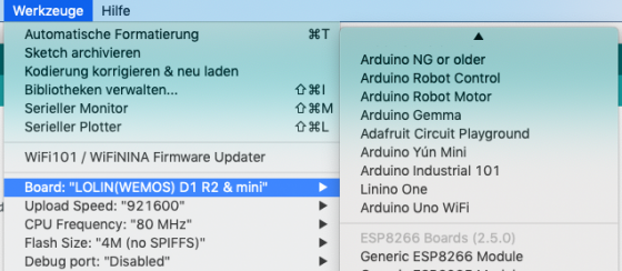 Auswahl eines Boards in der Arduino IDE.