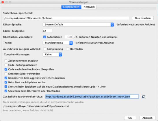 Fenster der Voreinstellungen in der Arduino IDE.